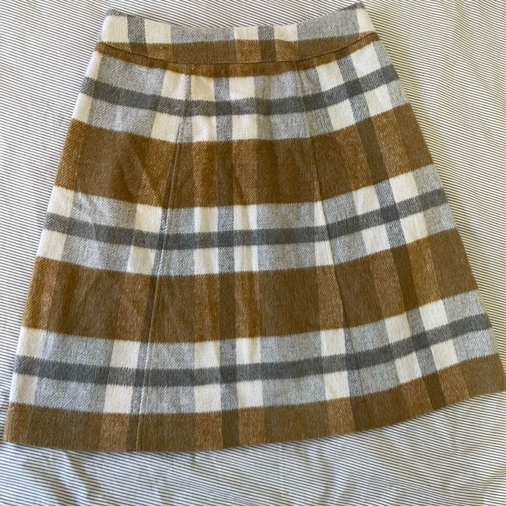 Brown/Gray/Cream Plaid Wool Blend Snap Down A line Mini Skirt size M - Picture 2 of 7